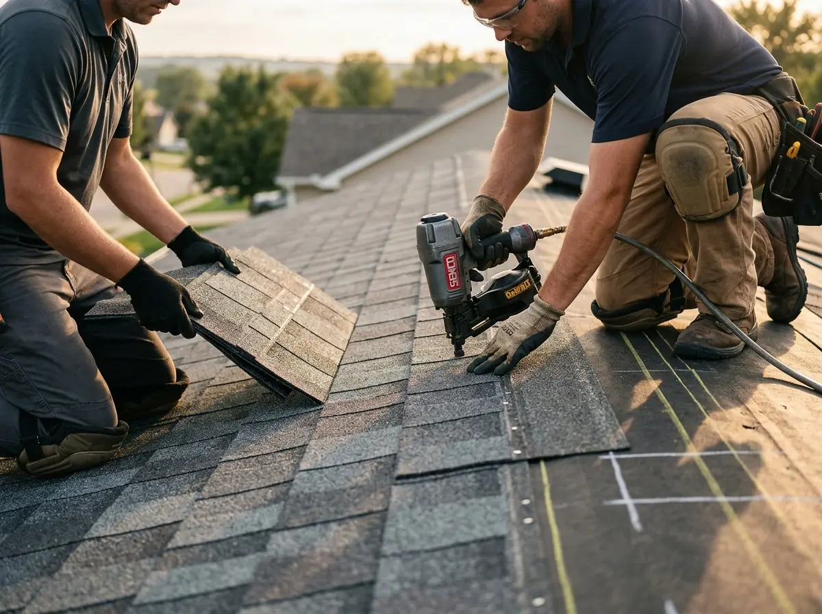 Professional roofer working on a residential roof in Minneapolis
